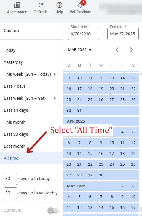 Selecting All Time In Google Ads